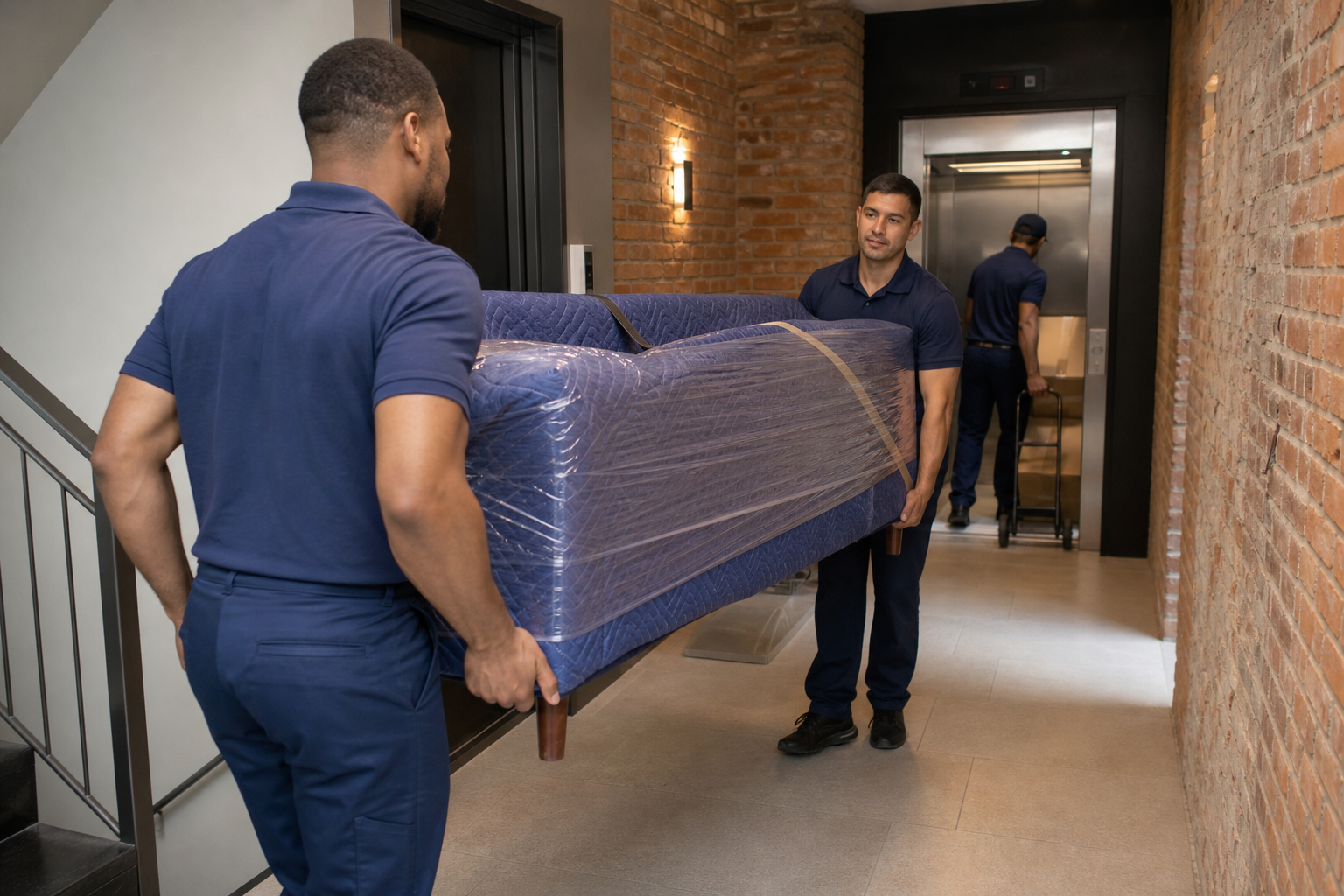 Professional movers in NYC apartment building hallway - Lincoln Moving & Storage NJ to NYC